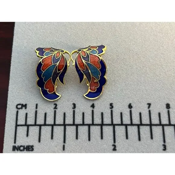 VTG Cloisonné Earring Lot of 4 Enamel Butterfly, Dangle Floral, Clip On Floral